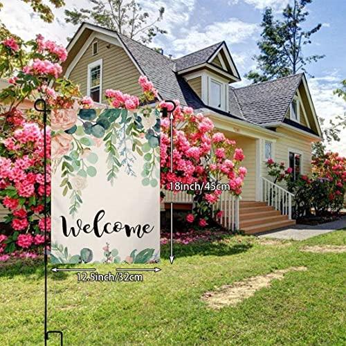 Spring Floral Welcome Garden Flag 12×18 Inch Small Vertical Double Sided Farmhouse Greenery Eucalyptus Leaves Burlap Yard Outdoor Decor