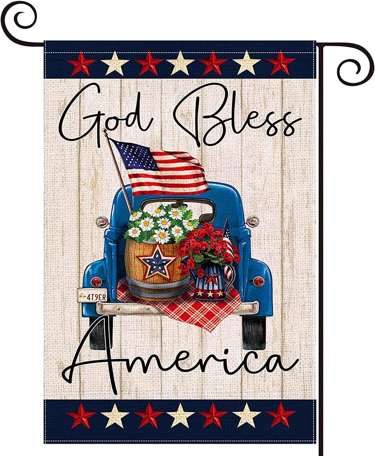 God Bless America Garden Flags For Outside, 12×18 Double Sided Blue Truck With Flower Patriotic Stars, Small Memorial Day Yard Flag, Welcome 4th Of July Independence Day Outdoor Farmhouse Decors