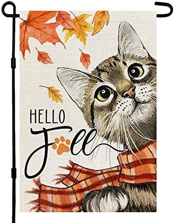 Fall Thanksgiving Cat Garden Flag 12x18 Inch Orange Leaves Small Double Sided Burlap Welcome Yard Autumn Outside Farmhouse Decoration