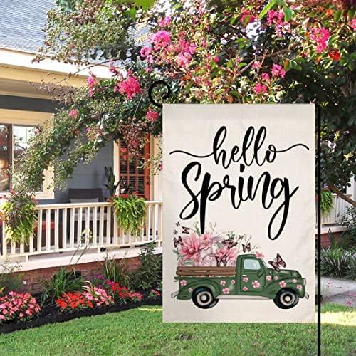 Hello Spring Garden Flag 12x18 Vertical Double Sided Burlap Truck With Pink Flowers Butterfly Farmhouse Yard Outdoor Decoration