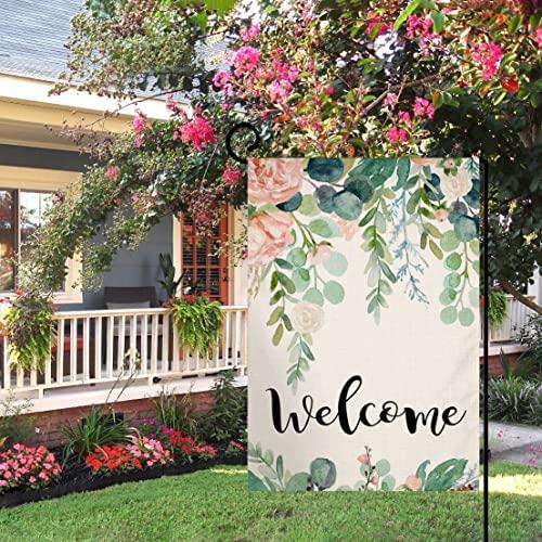 Spring Floral Welcome Garden Flag 12×18 Inch Small Vertical Double Sided Farmhouse Greenery Eucalyptus Leaves Burlap Yard Outdoor Decor