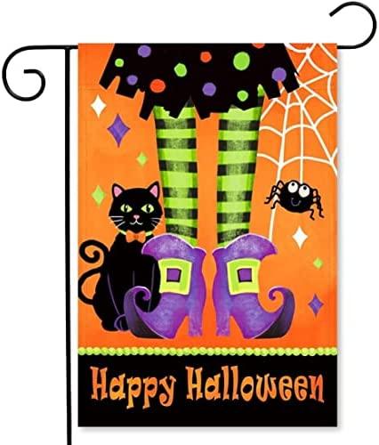 Happy Halloween Garden Flags Witch Feet Black Kitty Halloween Flag Vertical Double Sided Halloween Yard Flag Burlap For Fall House Porch Outdoor Halloween Decoration