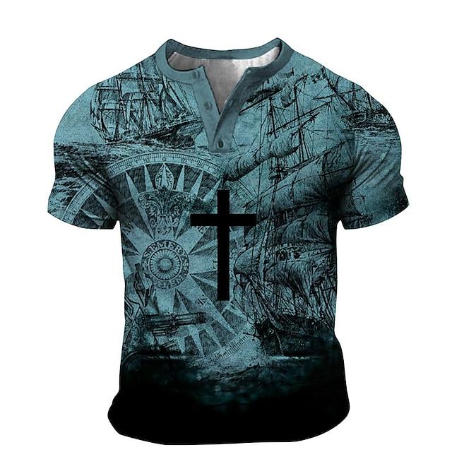 Men's T Shirt Tee Henley Shirt Tee 3d Print Graphic Plus Size Henley Sailboat Daily Sports Button-down Print Short Sleeve Tops Designer Basic Casual Classic Blue / Summer