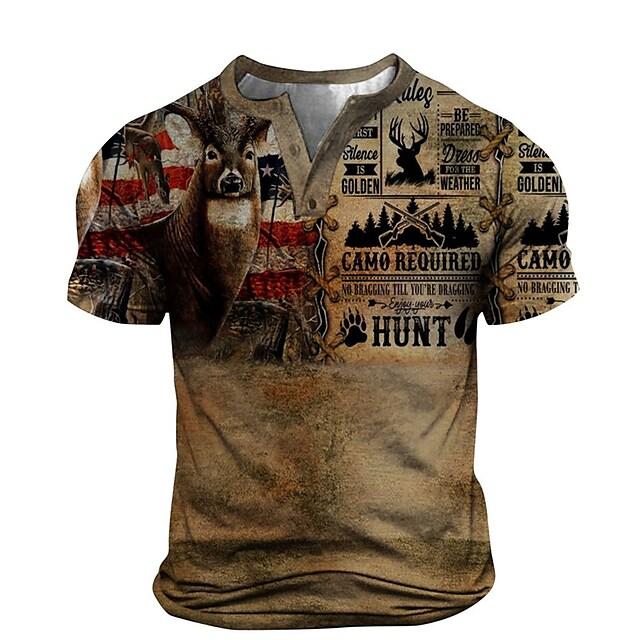 Men's T Shirt Tee Henley Shirt Tee 3d Print Graphic National Flag Animal Plus Size Henley Daily Sports Button-down Print Short Sleeve Tops Designer Basic Casual Classic Brown / Summer