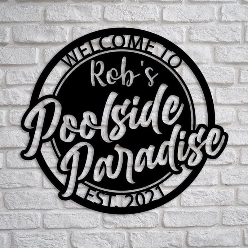Personalized Poolside Cut Metal Sign Wall Custom Family Name Poolside Paradise Decor Metal Swimming Pool