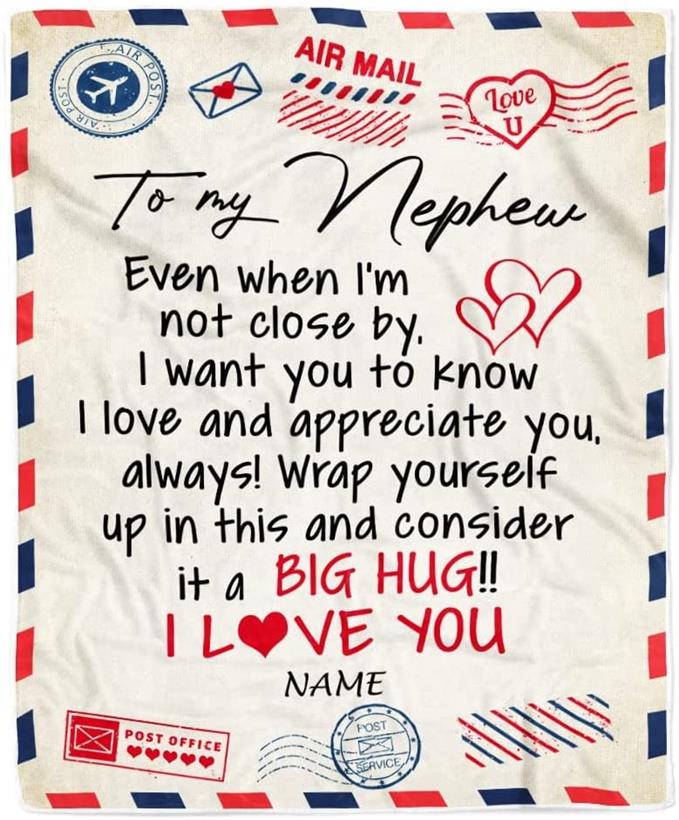Personalized to My Nephew Blanket from Aunt Uncle Auntie I Love You Hugs Air Mail Letter Birthday Thanksgiving Graduation Customized Fleece Blanket