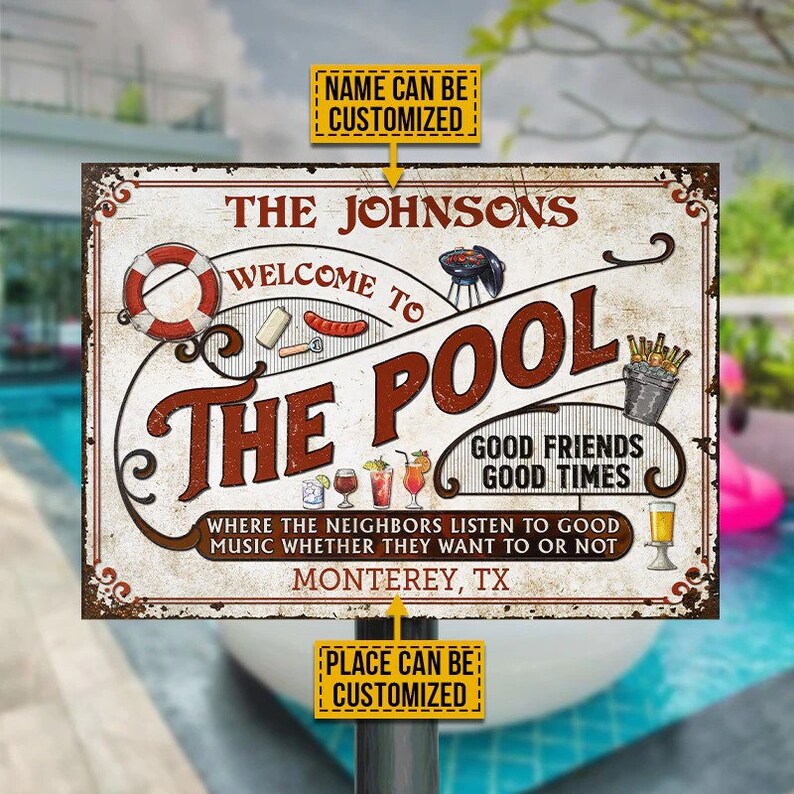 Personalized Pool Grilling Red Listen To The Good Music Custom Classic Metal Signs | Custom Metal Patio Sign | Custom Metal Pool Sign