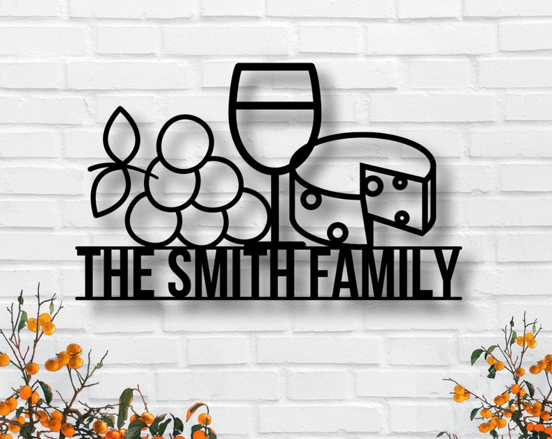 Metal Family Name Sign with Wine and Cheese-Custom Wine Theme Sign-Wine Sign-Metal Family Name Sign with Wine-Wine Lover-Last Name Sign