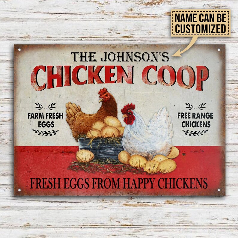Personalized Chicken Fresh Eggs Free Range Customized Classic Metal Signs - Personalized Chicken Coop Sign - Custom Chicken Coop Gift