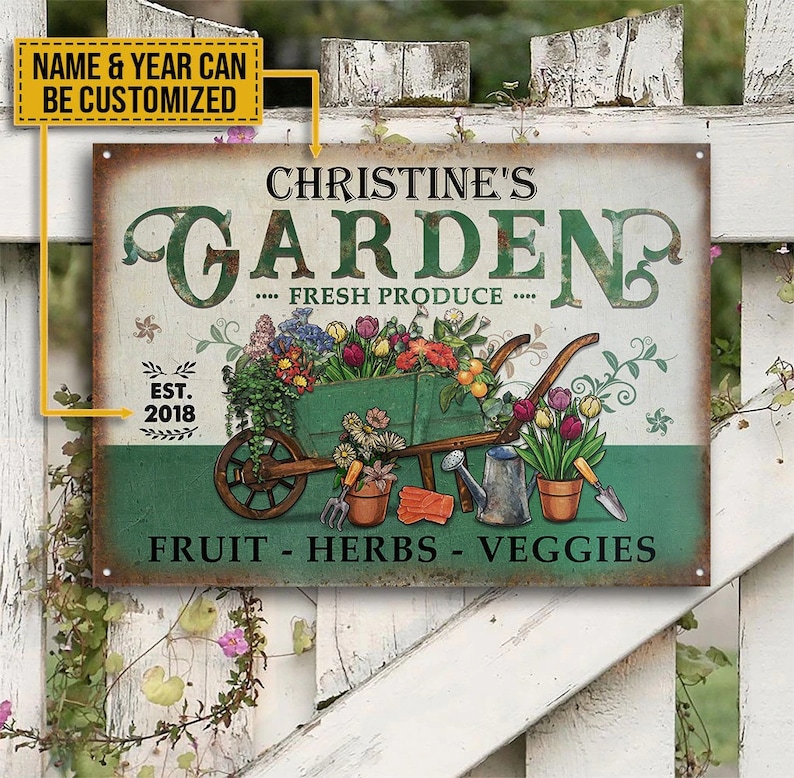 Personalized Garden Fresh Produce Plant Smiles Grow Love Vintage Customized Classic Metal Signs, Garden Metal Sign, Best Garden Decor Sign