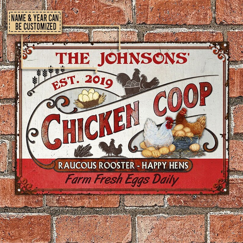 Personalized Chicken Coop Fresh Eggs Daily Red White Custom Classic Metal Chicken Coop Sign - Custom Chicken Coop Gift
