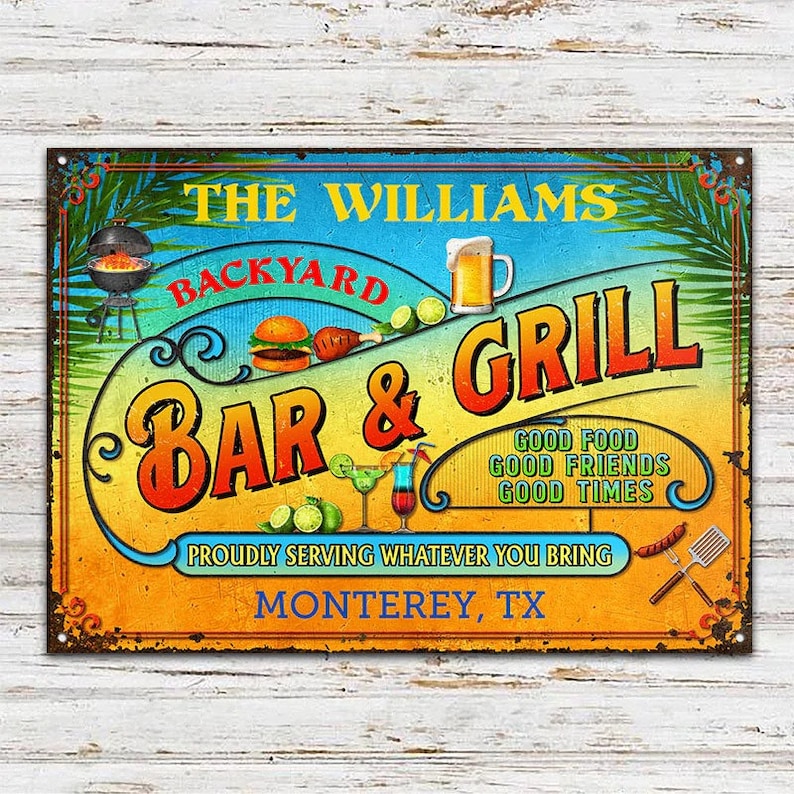 Personalized Grilling Proudly Serving You Bring Customized Classic Metal Signs| Custom Metal Patio Sign | Custom Metal Pool Sign