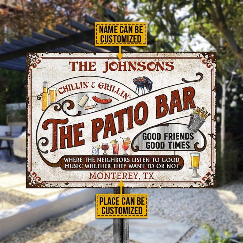 Personalized Patio Grilling Red Listen To The Good Music Chillin Custom Classic Metal Signs| Custom Metal Patio Sign| Custom Metal Pool Sign