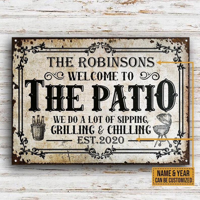 Personalized Patio Sipping Grilling Chilling Custom Classic Metal Signs| Custom Metal Patio Sign| Custom Metal Pool Sign