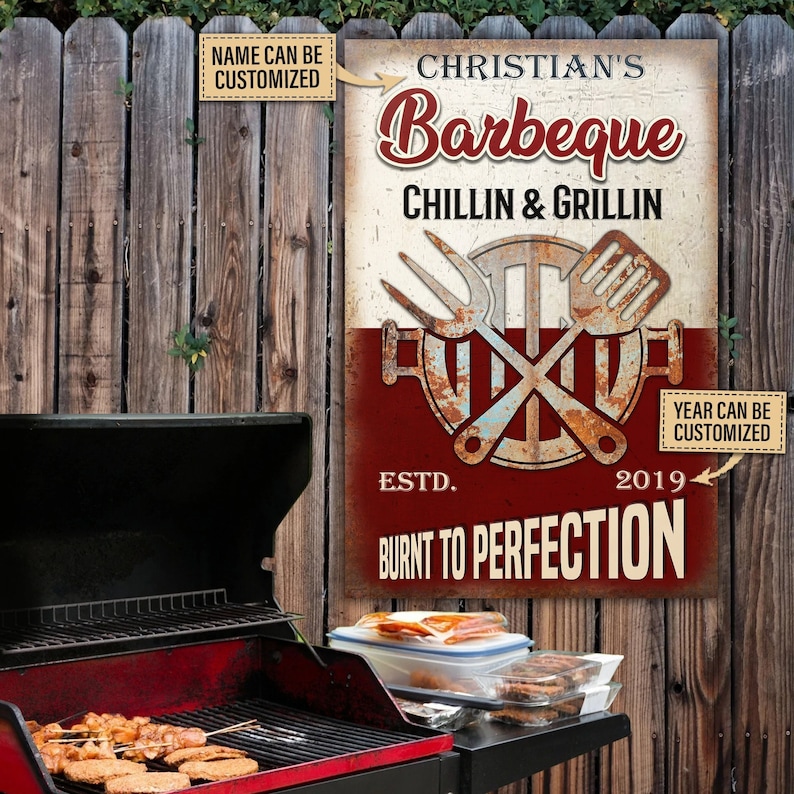 Backyard BBQ Sign, Personalized BBQ Grilling Burn To Perfection, Grill Master Gift, Kitchen Decor, BBQ Signs Customized Classic Metal Signs