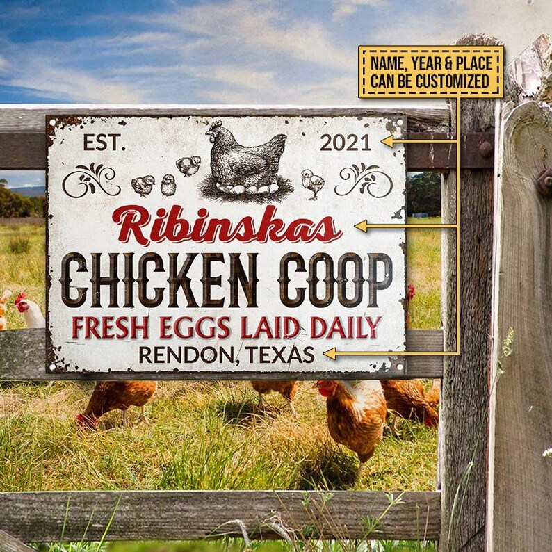 Personalized Chicken Coop Fresh Eggs Laid Daily Customized Classic Metal Signs- Chicken Coop Sign - Metal Chicken Coop Sign