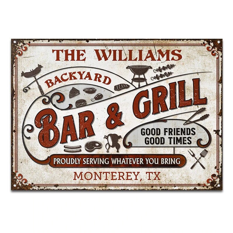 Backyard Bar and Grill Proudly Serving Whatever You Bring| Personalized Outdoor Backyard Custom Sign | Custom Metal Patio Sign