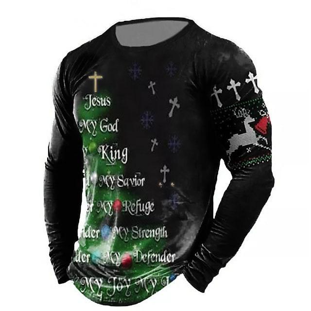 Men's T Shirt Tee Tree Letter Graphic Prints Crew Neck Dark Green 3d Print Outdoor Christmas Long Sleeve Print Clothing Apparel Basic Sports Designer Casual