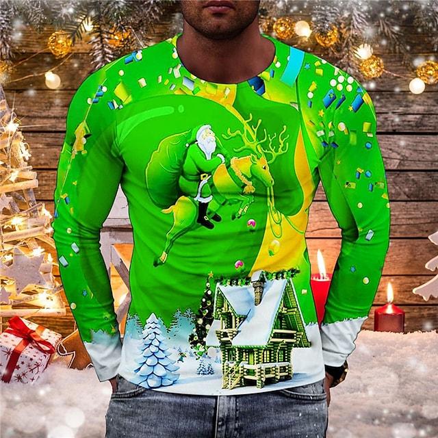Men's T Shirt Tee Santa Claus Graphic Prints Crew Neck Green Blue Red 3d Print Outdoor Christmas Long Sleeve Print Clothing Apparel Basic Sports Designer Casual