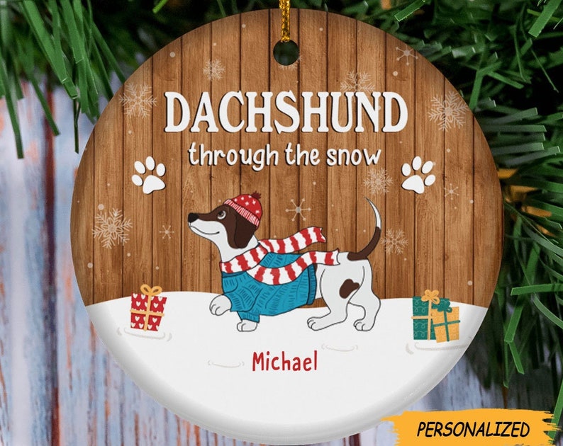 Dachshund Through The Snow Circle Ceramic Ornament, Personalized Dog Lovers Decorative Christmas Ornament, Gift For Dog Lovers