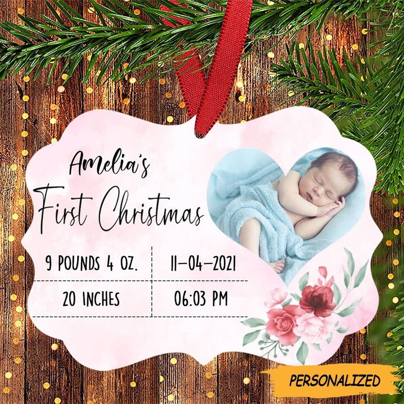 Baby’s First Christmas Personalized Medallion Ornament Family Gift, New Parent Gift, Custom Photo, Mommy And Daddy Gift, Gift From Bump
