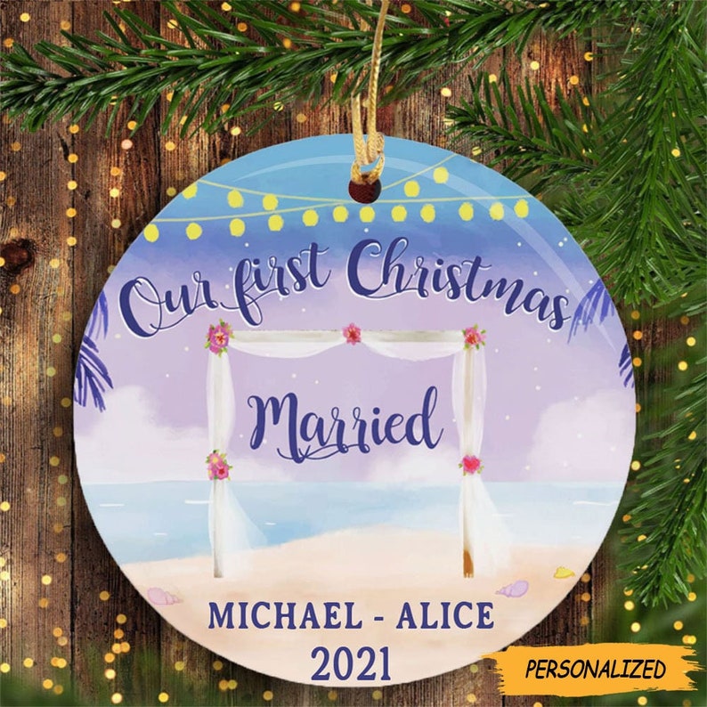 Personalized Beach Wedding Gift, Our First Christmas Married Ornament, Mr Mrs Ornament, Anniversary Gift, Couple Gift, Newlywed Gift