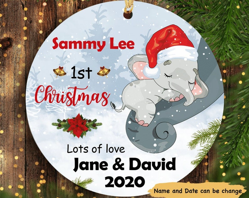 Personalized Baby Elephant First Christmas Circle Ornament, Gift For Parents, First Time Parents, New Parents Gift, Gift From Baby Elephant