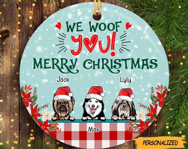 I Woof You Merry Christmas Personalized Dog Breeds Circle Ceramic Ornament, Xmas Gifts For Dog Lovers, Custom Dog Gift, Dog Lover Gift