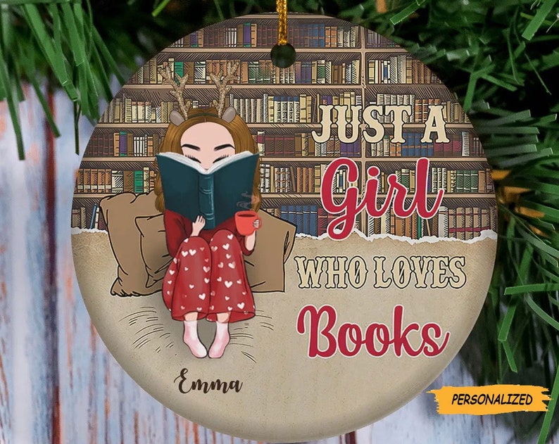 Christmas Reading Bookshelves Just A Girl Who Loves Books, Personalized Custom Christmas Ceramic Ornament, Gift For Book Lover