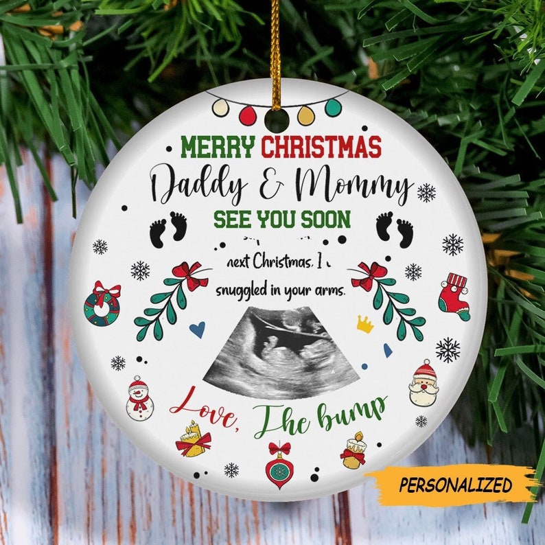 Personalized Daddy And Mommy Merry Christmas See You Soon Ornament. Ultrasound Photo Gift for New Parents, New Parents Gift