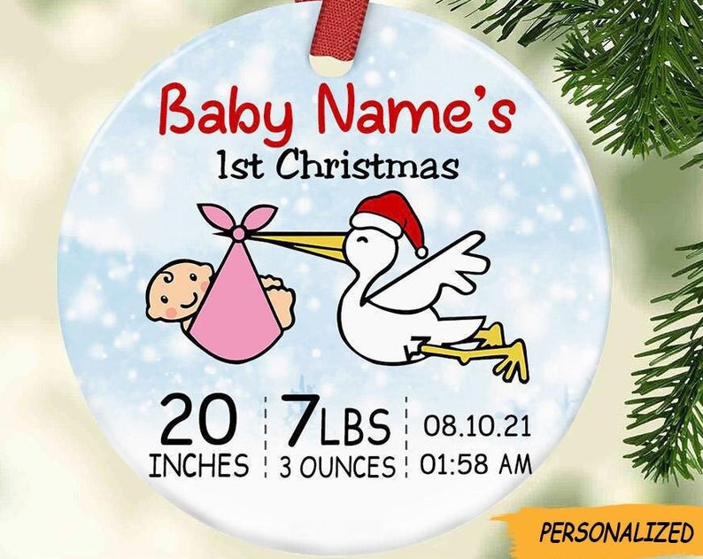 Personalized Baby First Christmas Stork Circle Ornament, Round Shape Ornament, Baby Shower Gift, New Parent Gift, Baby Shower Gift
