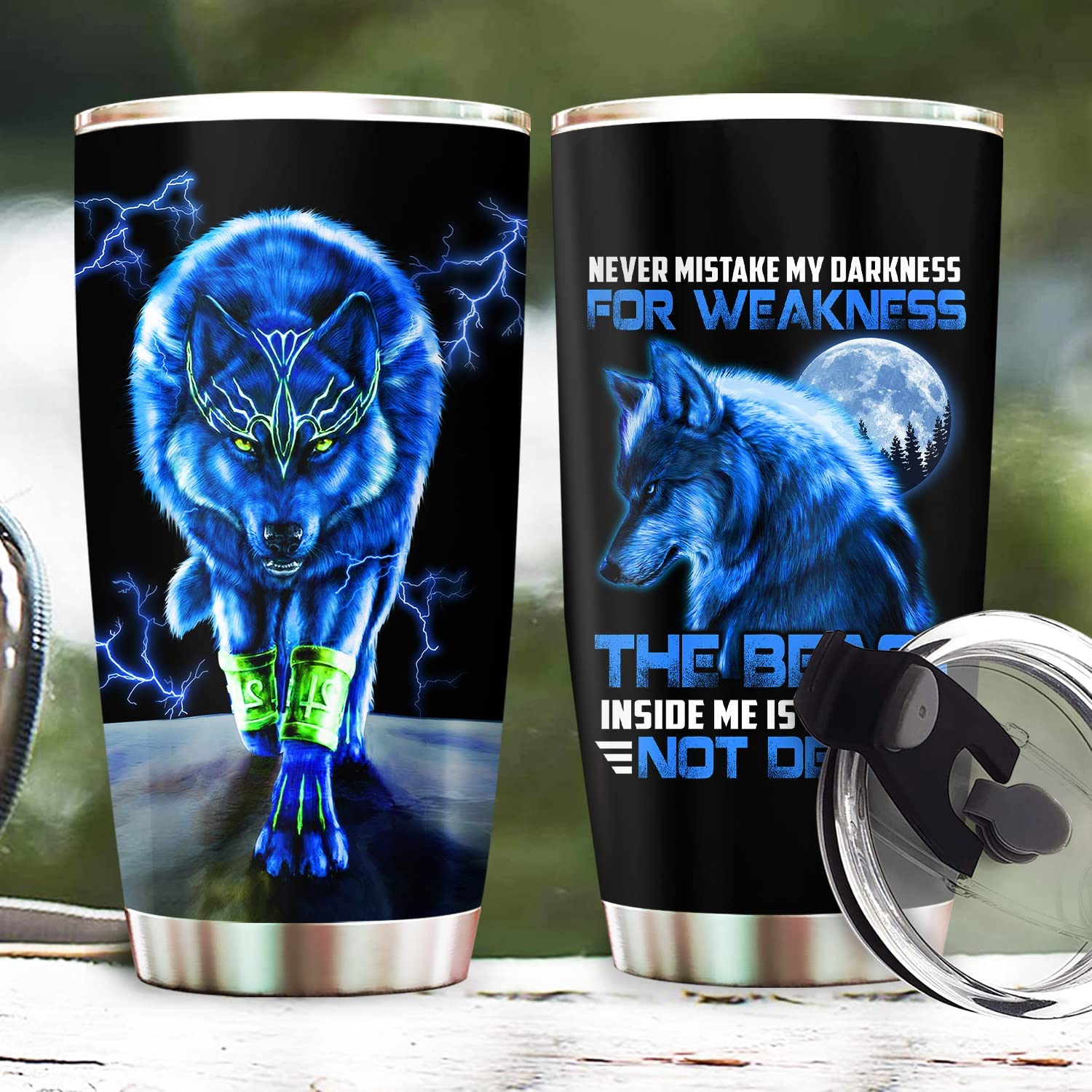 Wolf Tumbler Never Mistake My Darkness Tumbler, Blue Wolf Gifts For Men Dad Papa on Christmas Birthday Fathers Day 20oz Stainless Steel Tumbler Cup with Lid Cold & Hot Water Coffee