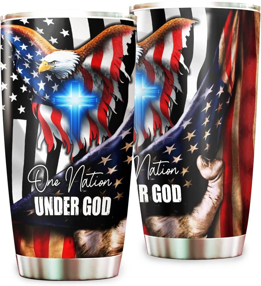 One Nation Under God American Eagle - Patriotic Jesus Flag 1776 20oz Stainless Steel Tumbler with Lid Cold & Hot Coffee Mug