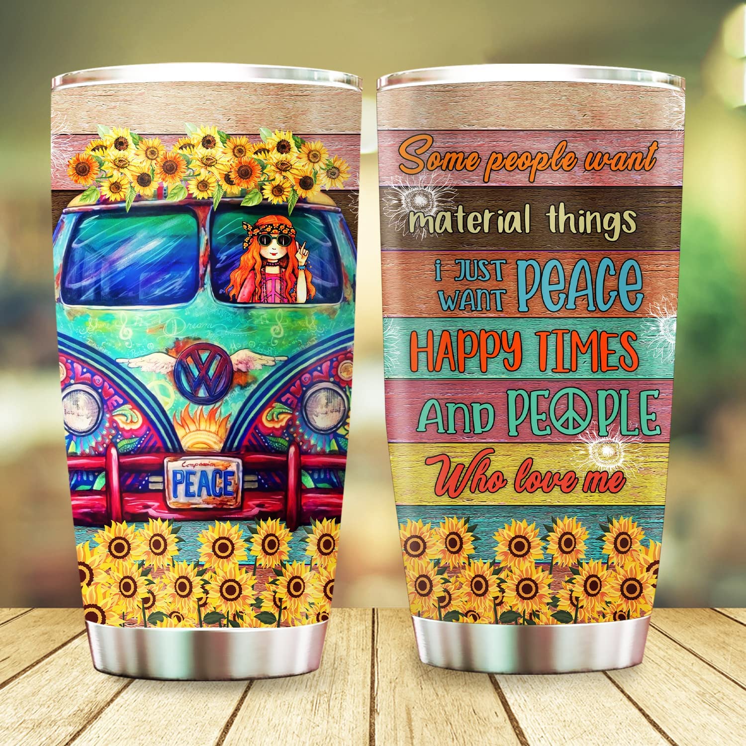 Hippie Van Tumbler, Vintage Sunflower For Girls Peace Sign Tumbler Gifts For Women Bohemian Girl on Birthday Christmas 20oz Stainless Steel Tumbler Cup with Lid Cold & Hot Water Coffee