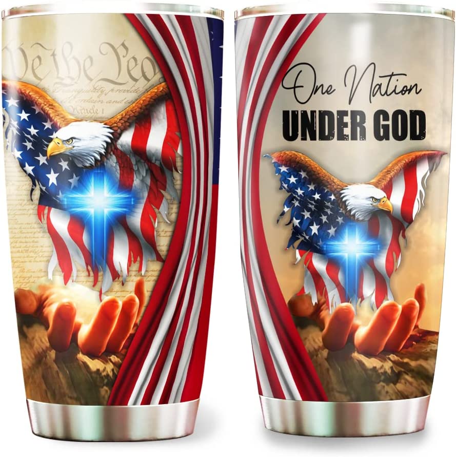 One Nation Under God American Eagle - Patriotic Jesus Flag 1776 Tumbler 20oz Stainless Steel with Lid Cold & Hot Coffee Mug