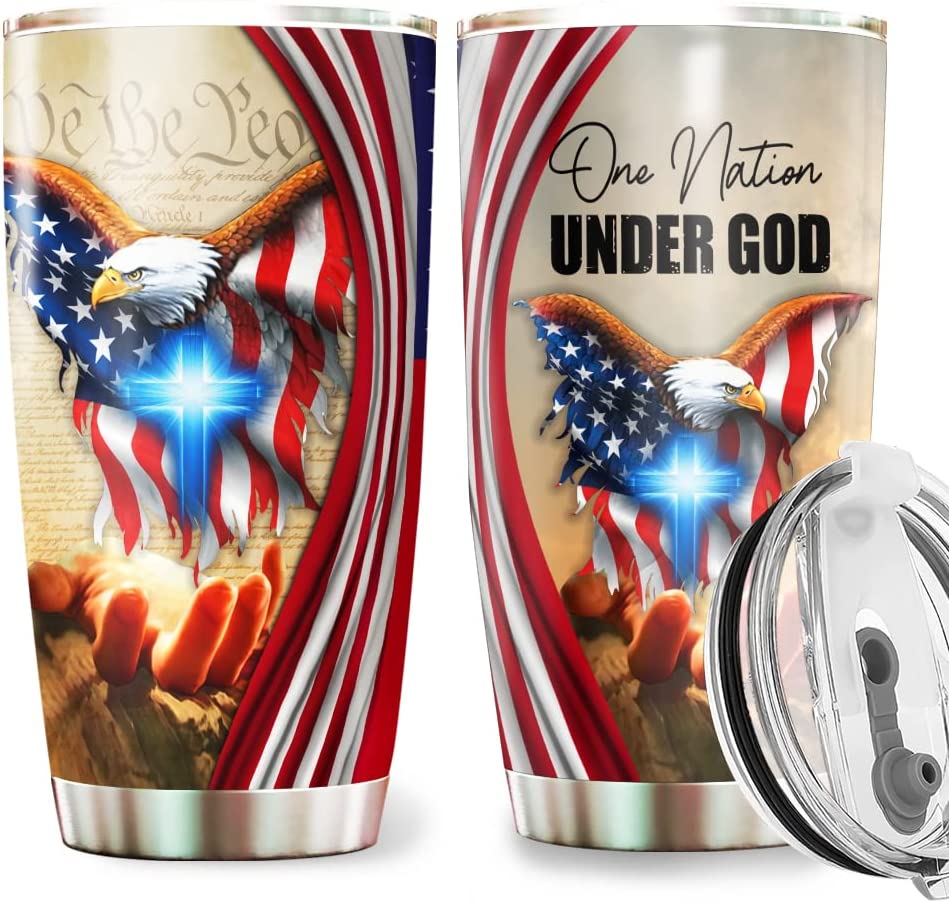 One Nation Under God American Eagle - Patriotic Jesus Flag 1776 Tumbler 20oz Stainless Steel with Lid Cold & Hot Coffee Mug