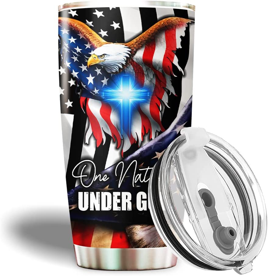 One Nation Under God American Eagle - Patriotic Jesus Flag 1776 20oz Stainless Steel Tumbler with Lid Cold & Hot Coffee Mug