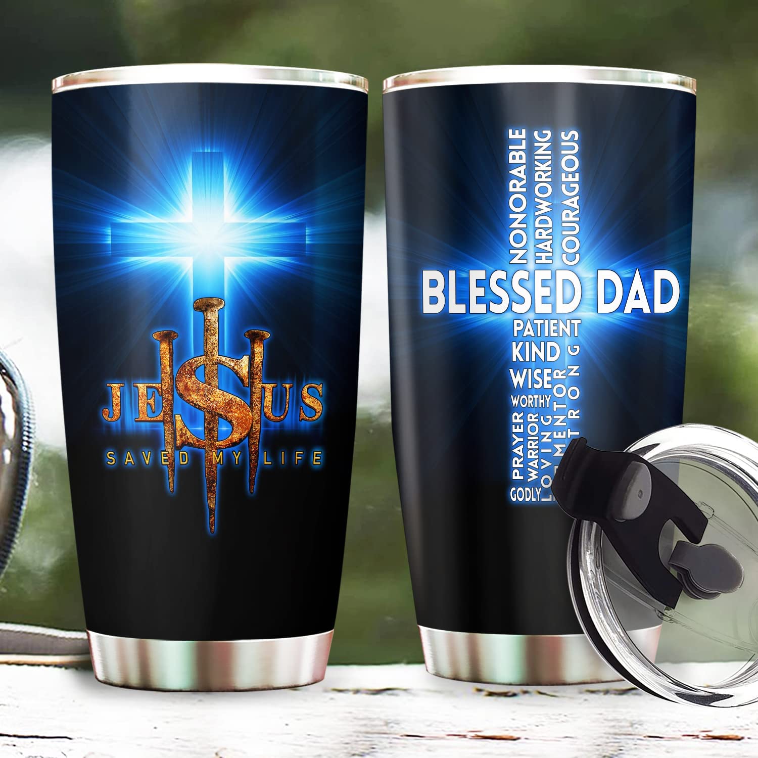 Jesus is My Savior Jesus Saved My Life Tumbler - Blessed Dad Tumbler Bible Verse God Cross Christian Gifts for Men 20oz Stainless Steel with Lid Cold & Hot Water Coffee