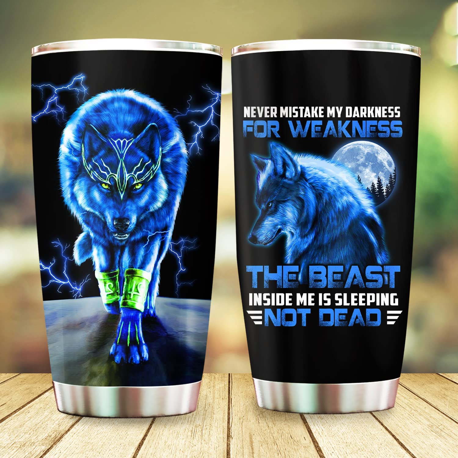 Wolf Tumbler Never Mistake My Darkness Tumbler, Blue Wolf Gifts For Men Dad Papa on Christmas Birthday Fathers Day 20oz Stainless Steel Tumbler Cup with Lid Cold & Hot Water Coffee