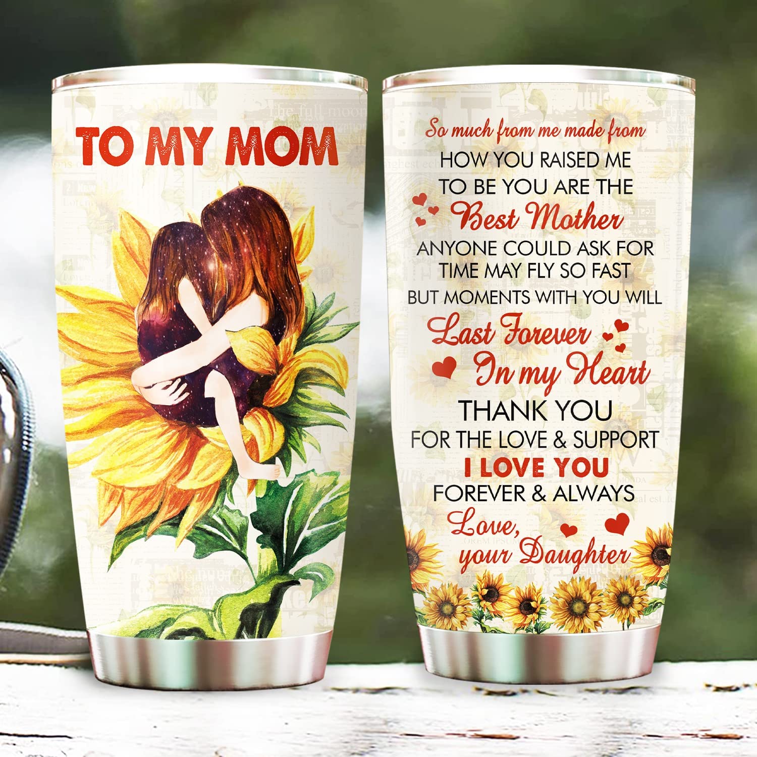 To My Mom Tumbler, Sunflower Mom & Daughter Tumbler Mother Mama Mom Gift from Daughter on Christmas Birthday Mother’s Day 20oz Stainless Steel Tumbler Cup with Lid Cold & Hot Water Coffee