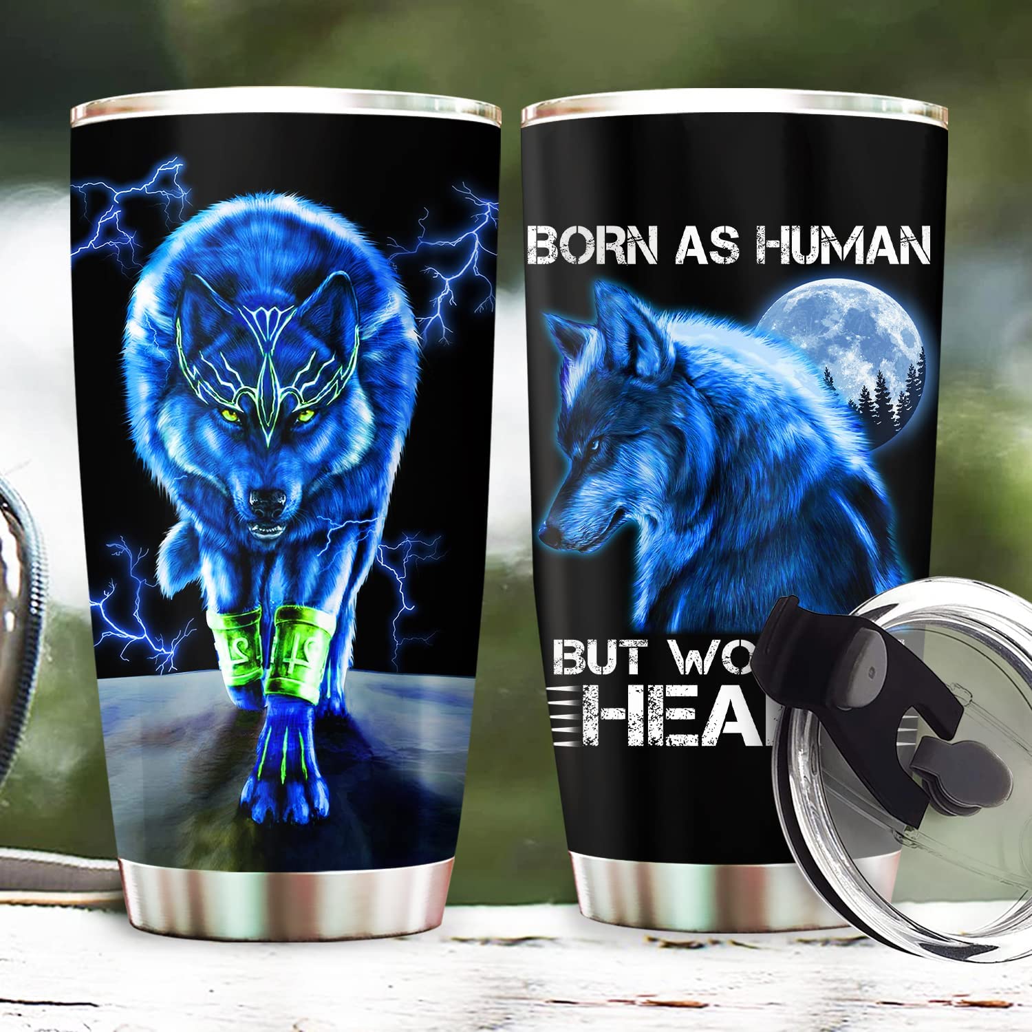 Wolf Tumbler Born As Human But Wolf At Heart Tumbler, Blue Wolf Gifts For Men Dad Papa on Christmas Birthday Fathers Day 20oz Stainless Steel Tumbler Cup with Lid Cold & Hot Water Coffee