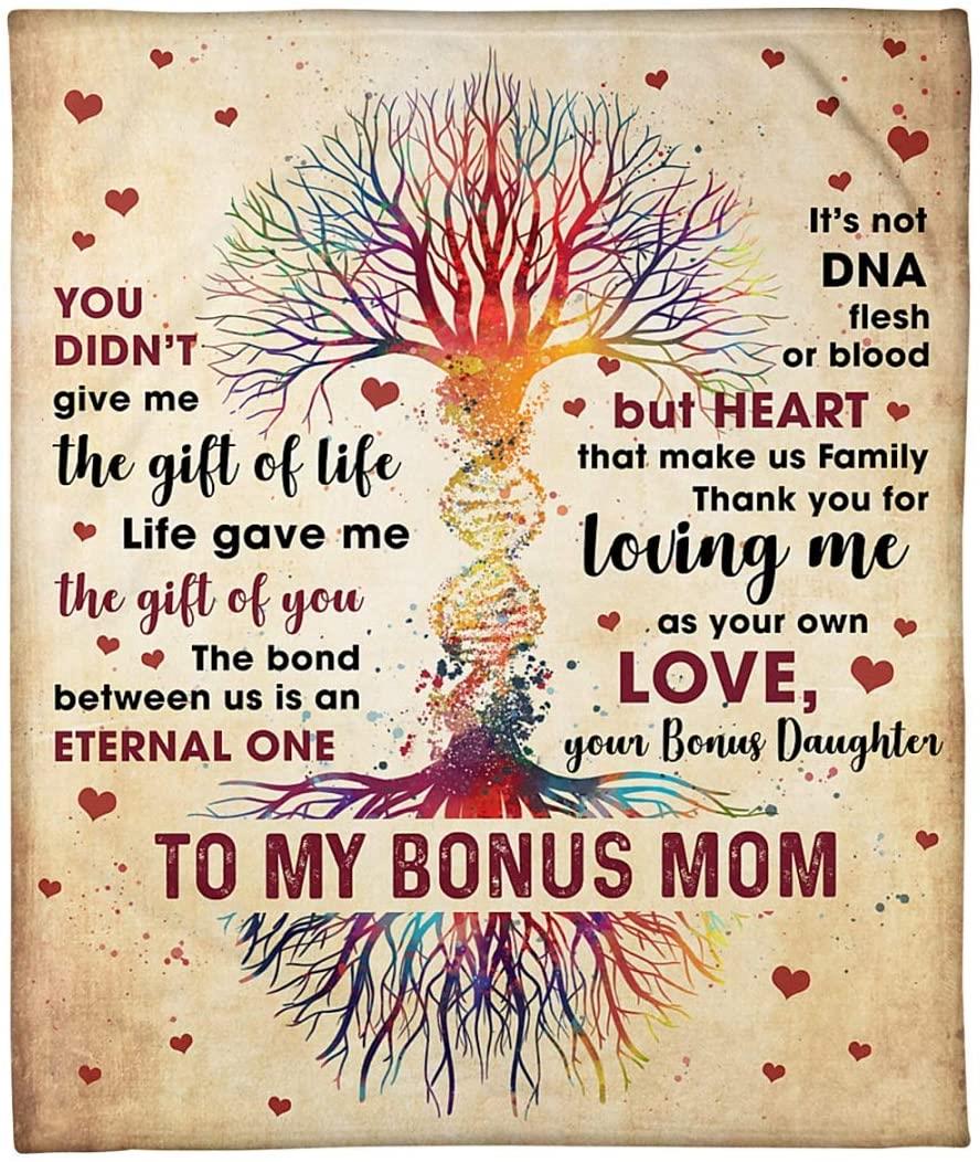 Personalized Blanket To My Bonus Mom from Bonus Daughter Custom Name U Did Not Give Me  Fleece Blankets Rainbow Color DNA Tree Throw Bedding Sofa Couch Gifts for Mother's Day