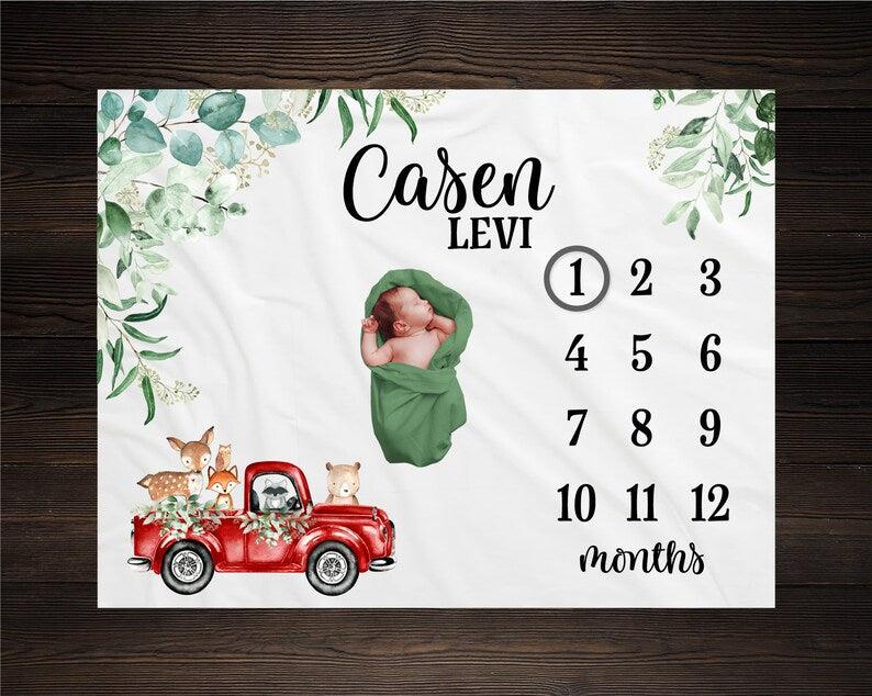 Woodland Milestone Blanket, Monthly Growth Tracker, Personalized Baby Blanket, Custom Blanket New Mom Gift, New Baby Gift, Baby Boy