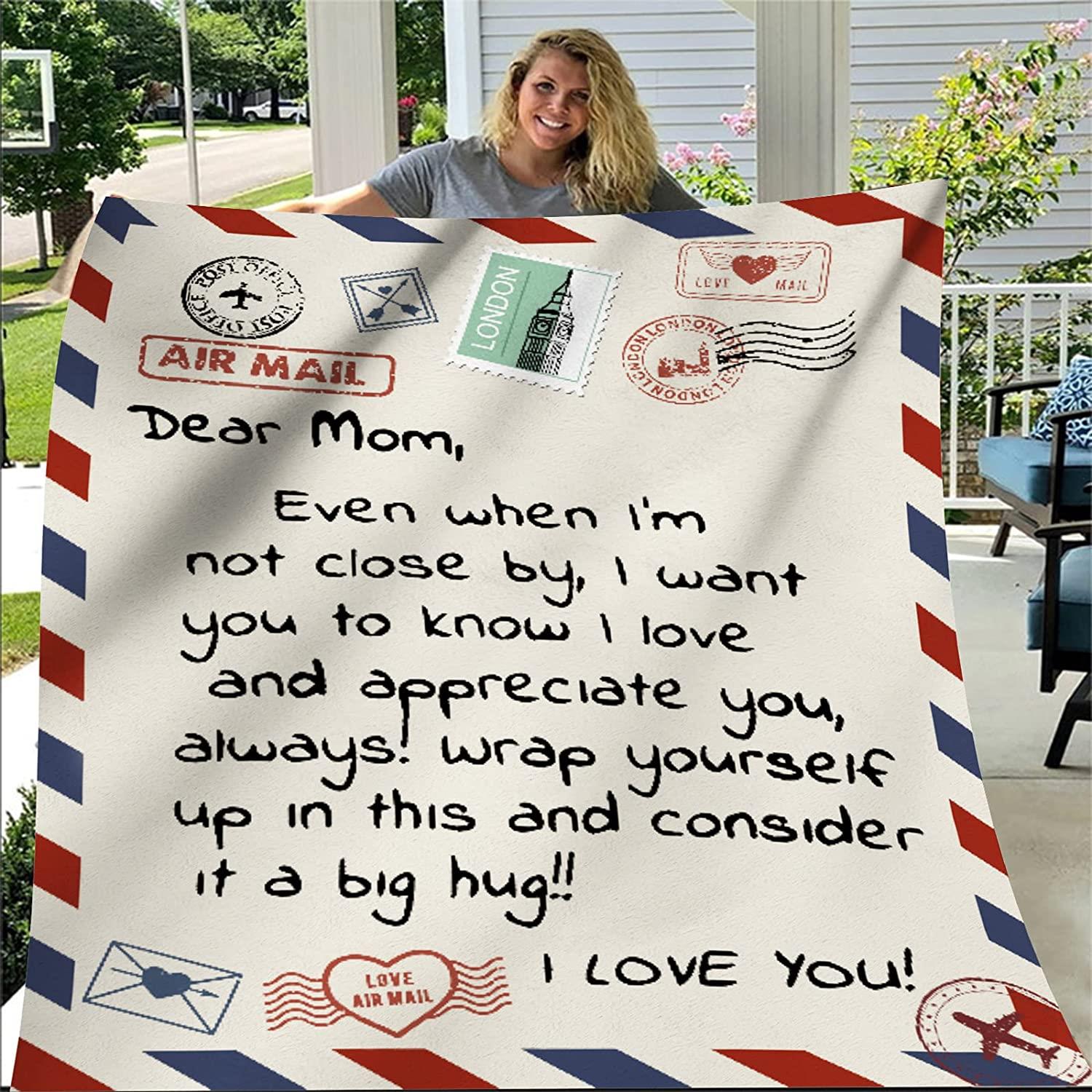 To My Mom Gift Blanket from Daughter Son I Love You Dear Mom Air Mail Letter Printed Blanket Throw for Christmas Birthday Mother Day's Soft Bed Flannel Blanket