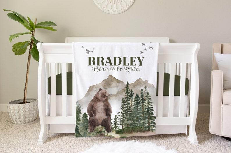 Woodland Bear Blanket, Personalized Bear Baby Blanket Gift, Toddler Blanket, Forest Decor, Toddler Birthday Gift, Born To Be Wild, Woodland