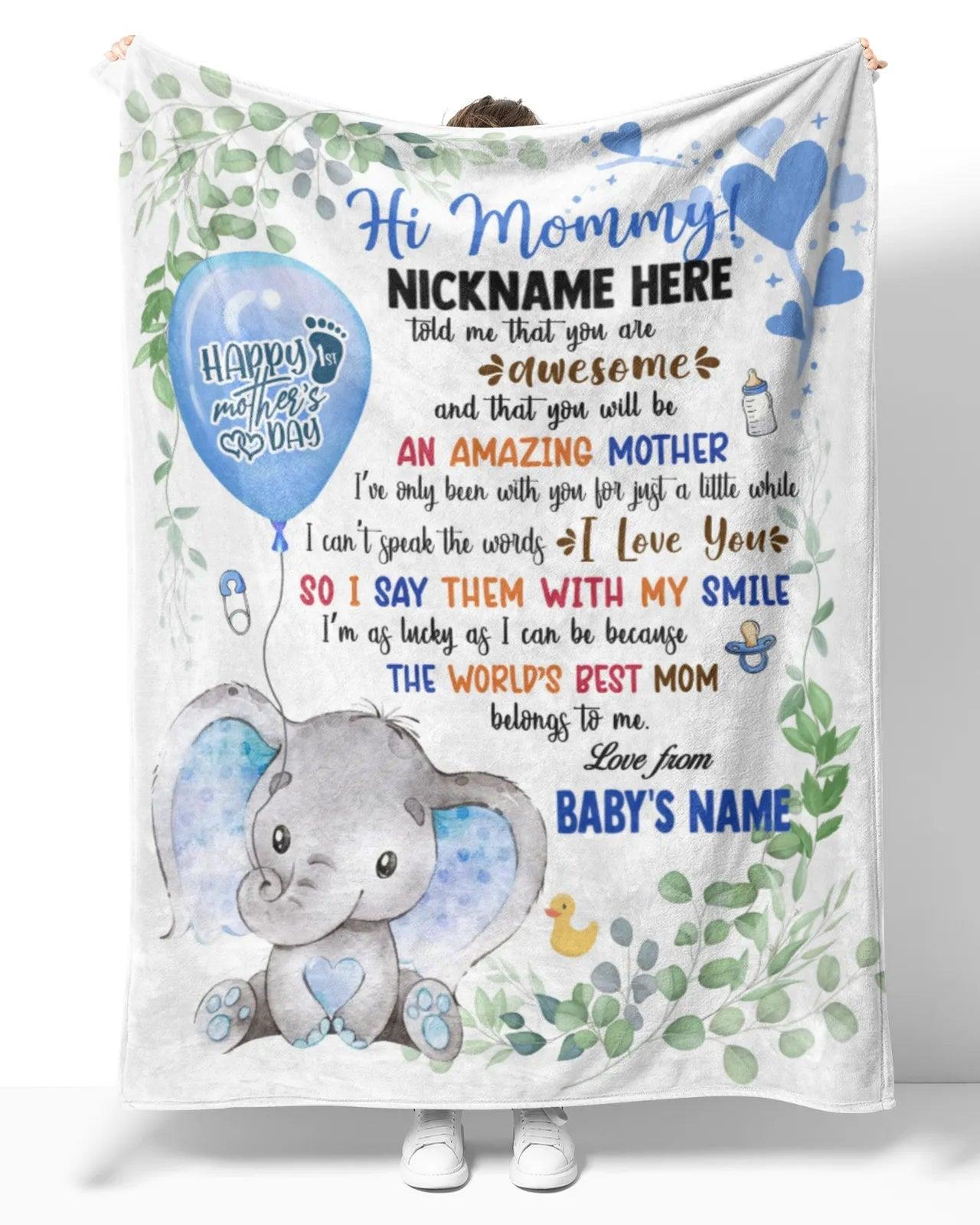 1st Mother's Day Gift, Gifts for New Mom, Personalized Hi MOMMY Cute Baby Girl Elephant , Gift for Newmom, Safari Baby Shower, Jungle Nursery Blanket