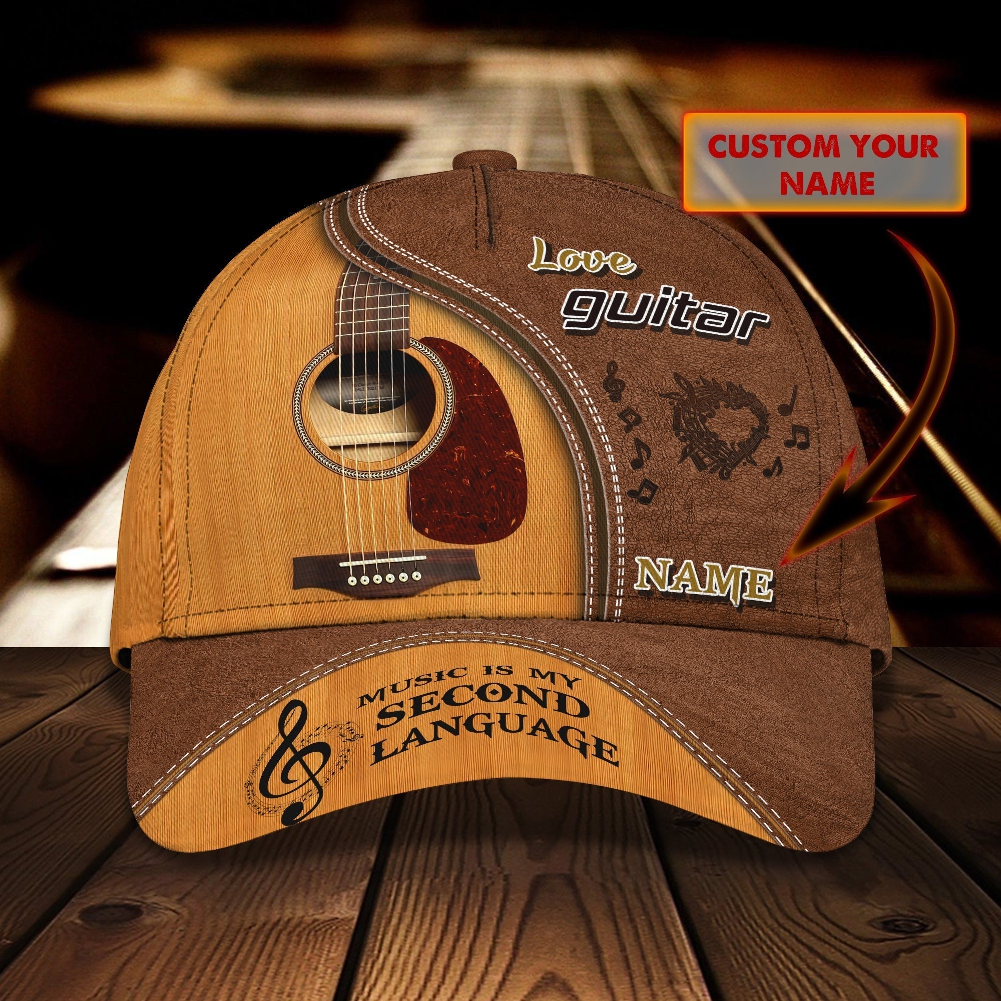 Personalized Guitar Full Print Cap Hat For Musican, Guitarist, Music Is My Second Language, Music Lover Gift Hat