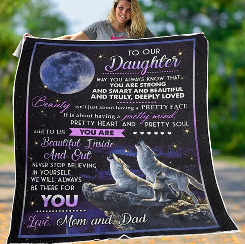 To my daughter wolf blanket, gift from dad and mom, christmas blanket, gifts for daughter, daughter's birthday, family gifts